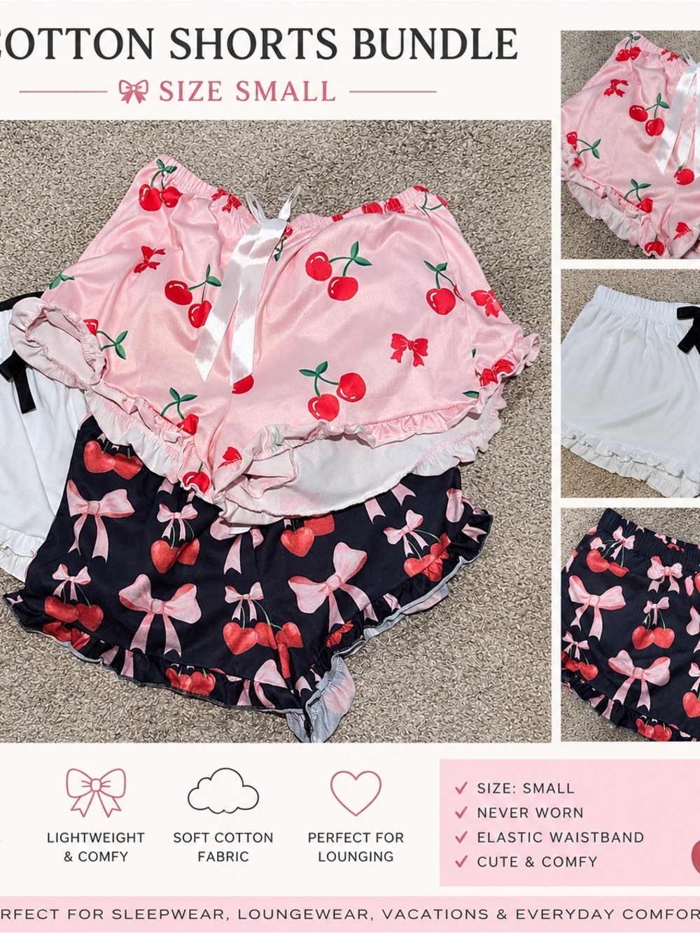 Cherry & Bow Cotton Shorts Bundle - Pink, Black, White